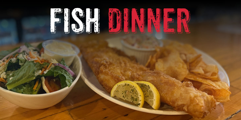 Beer battered fish dinner with side salad.