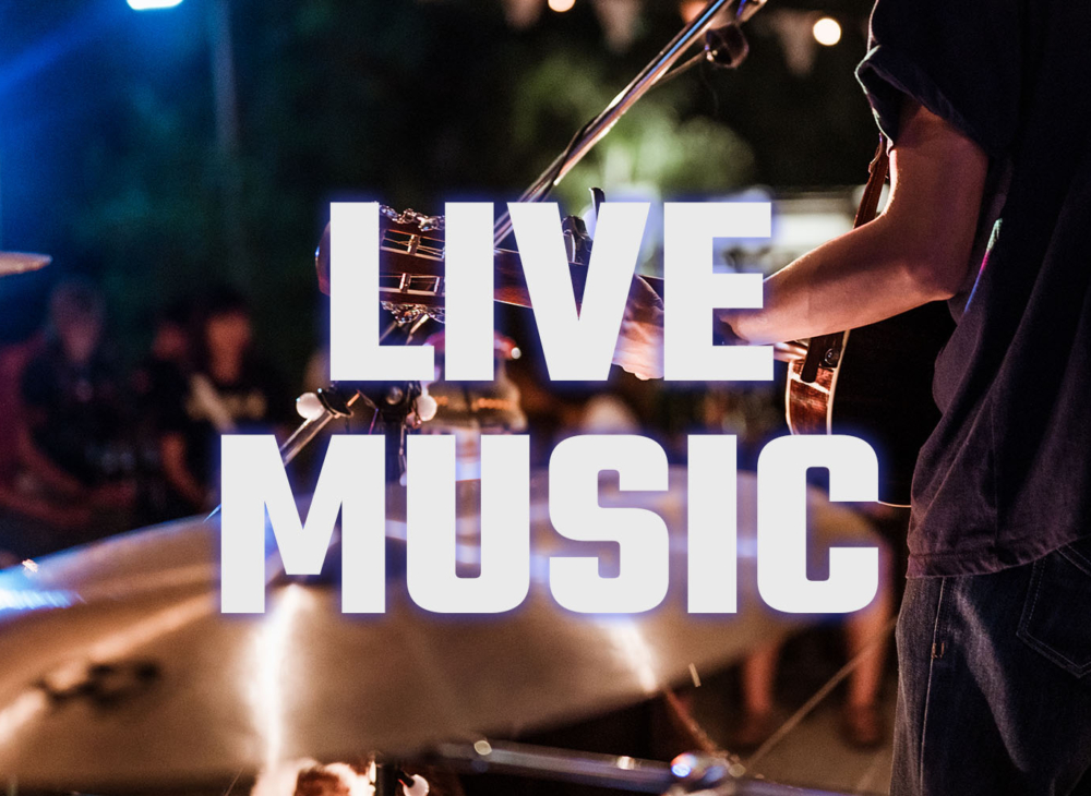 Photo of a guitarist in front of a drummer playing for a crowd.